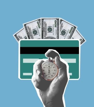 Cut out paper composition of stopwatch in hand of man waiting for money credited to credit card on blue background