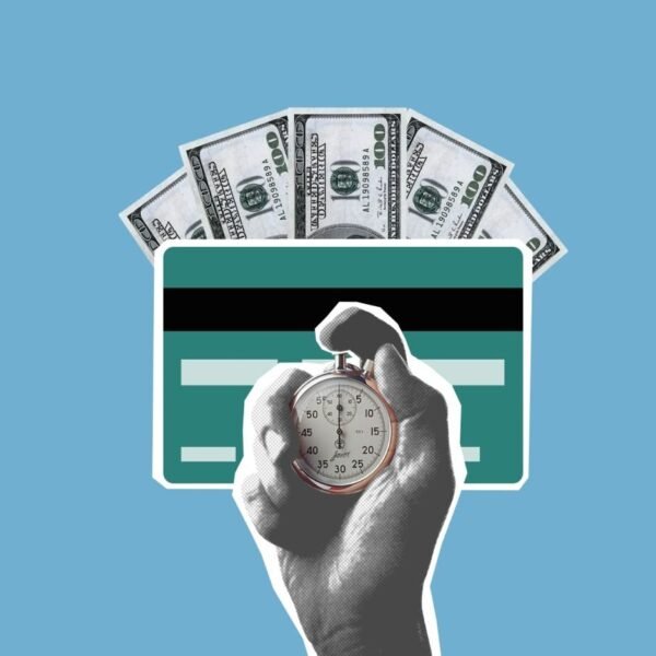 Cut out paper composition of stopwatch in hand of man waiting for money credited to credit card on blue background