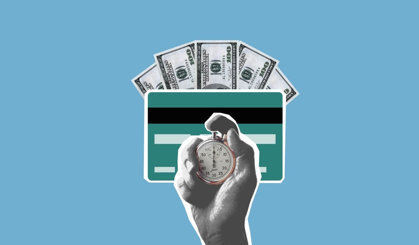 Photo by Monstera Production Cut out paper composition of stopwatch in hand of man waiting for money credited to credit card on blue background